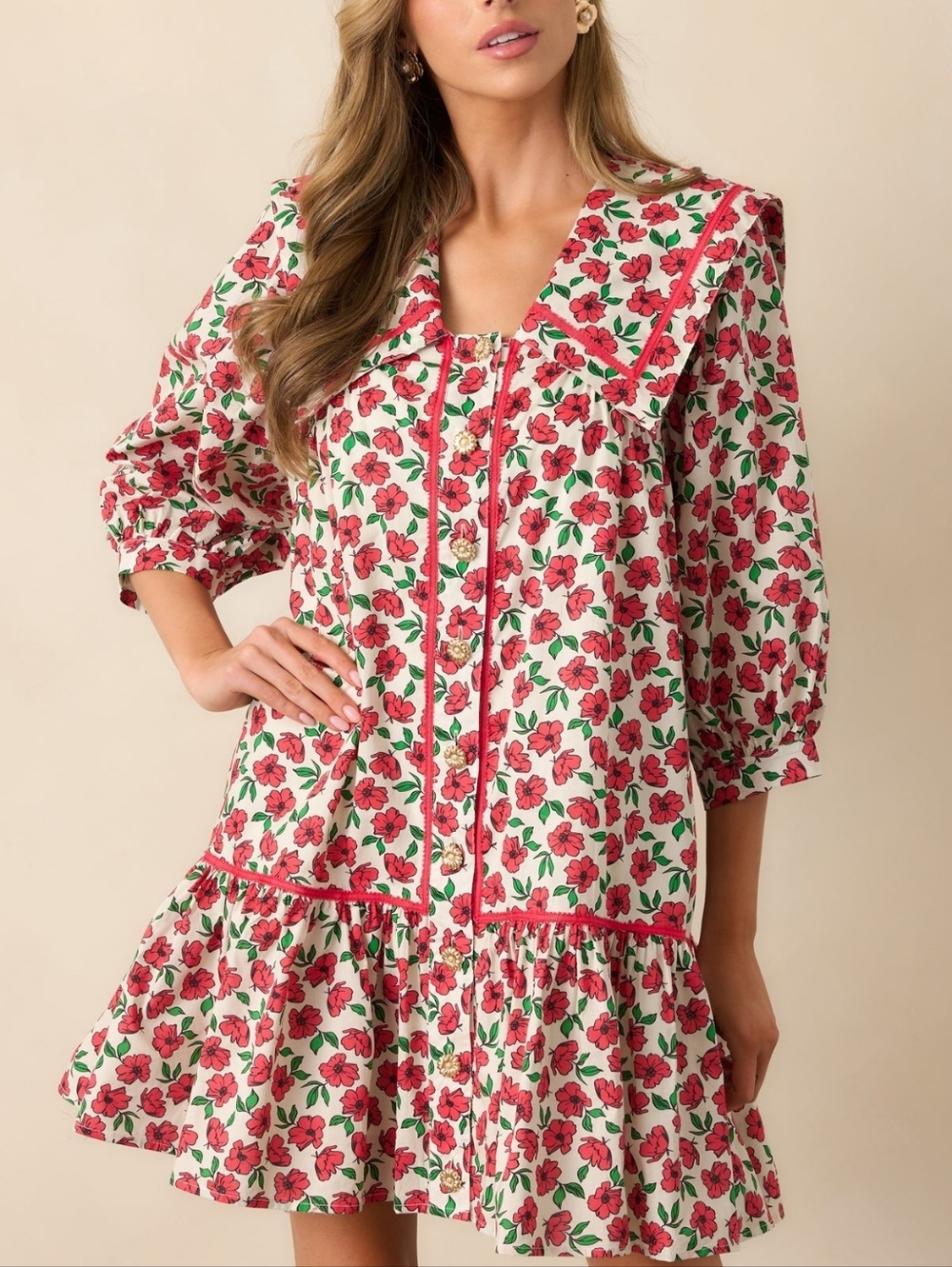 Entro Cottagecore Butterfly Garden Red  Cotton Button Front Mini Dress Size S